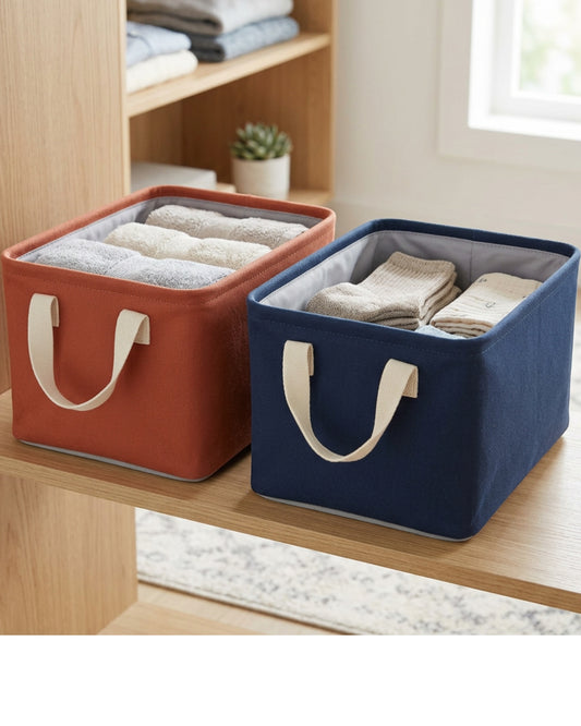 Vvna Canvas Foldable Storage Basket Set of 2 Terracotta and Navy - Lifestyle view